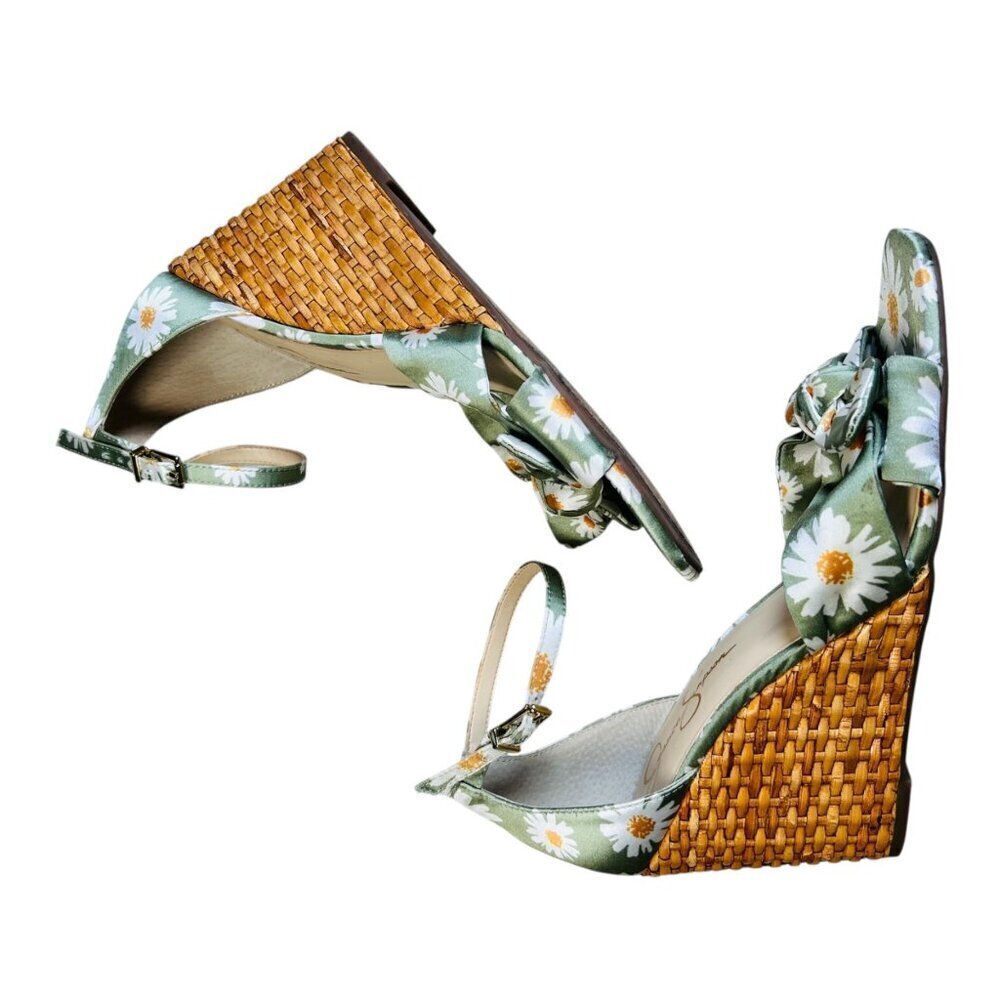 Jessica Simpson Delirah 8.5 Floral Wedge Rattan Daisy Picnic Bow Woven Heel - Picture 6 of 8